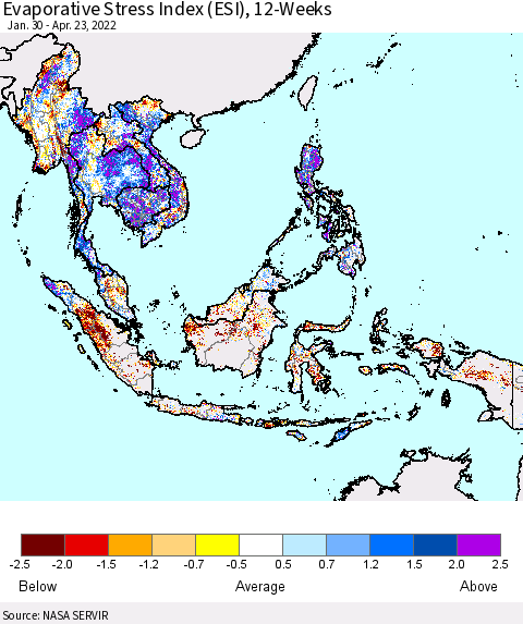 South East Asia Evaporative Stress Index (ESI), 12-Weeks Thematic Map For 4/18/2022 - 4/24/2022