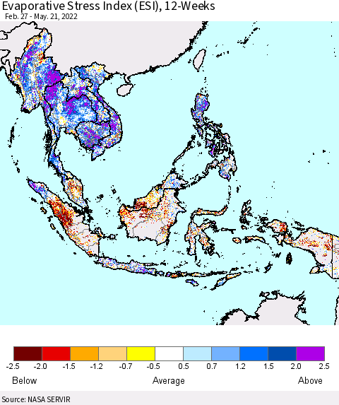 South East Asia Evaporative Stress Index (ESI), 12-Weeks Thematic Map For 5/16/2022 - 5/22/2022