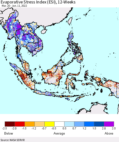 South East Asia Evaporative Stress Index (ESI), 12-Weeks Thematic Map For 6/6/2022 - 6/12/2022