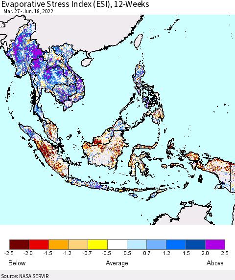 South East Asia Evaporative Stress Index (ESI), 12-Weeks Thematic Map For 6/13/2022 - 6/19/2022