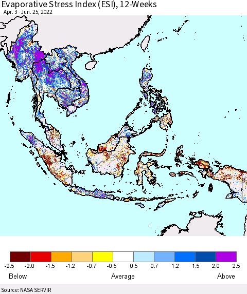 South East Asia Evaporative Stress Index (ESI), 12-Weeks Thematic Map For 6/20/2022 - 6/26/2022
