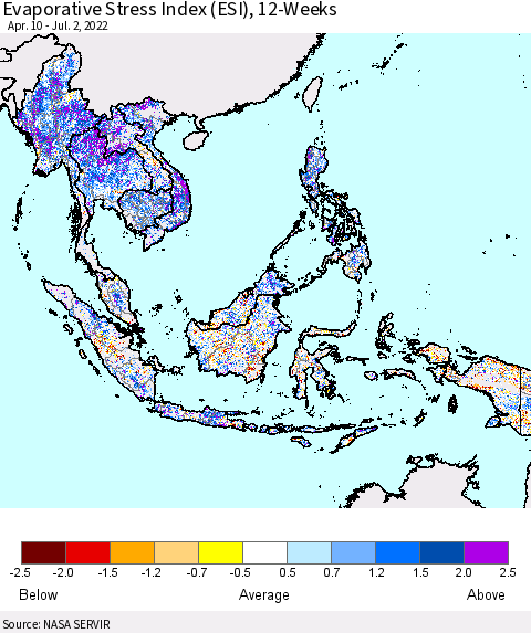 South East Asia Evaporative Stress Index (ESI), 12-Weeks Thematic Map For 6/27/2022 - 7/3/2022