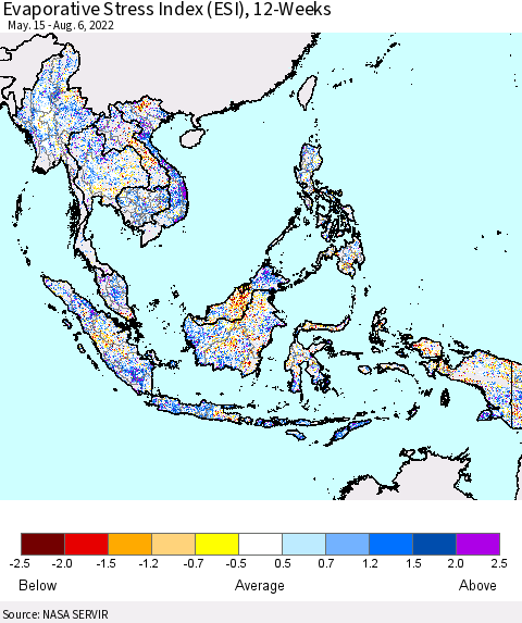 South East Asia Evaporative Stress Index (ESI), 12-Weeks Thematic Map For 8/1/2022 - 8/7/2022