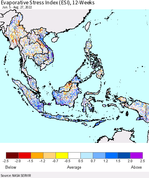 South East Asia Evaporative Stress Index (ESI), 12-Weeks Thematic Map For 8/22/2022 - 8/28/2022