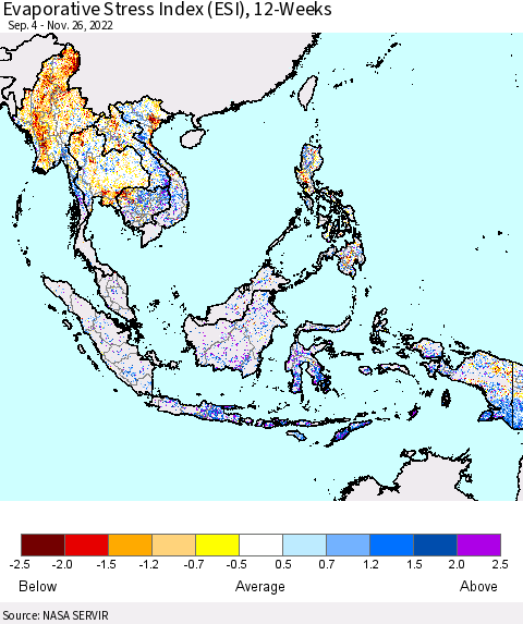 South East Asia Evaporative Stress Index (ESI), 12-Weeks Thematic Map For 11/21/2022 - 11/27/2022