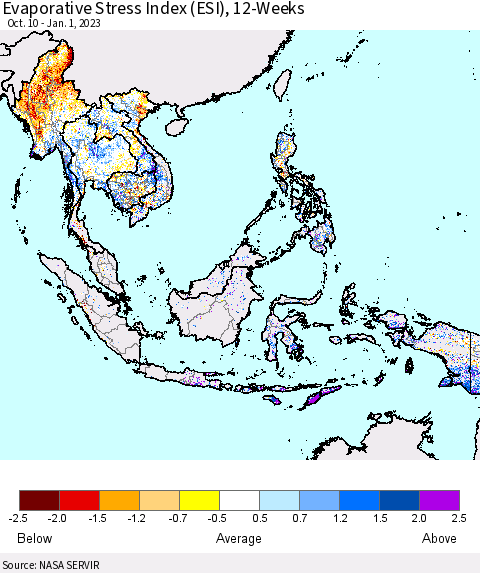 South East Asia Evaporative Stress Index (ESI), 12-Weeks Thematic Map For 12/26/2022 - 1/1/2023