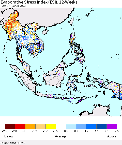 South East Asia Evaporative Stress Index (ESI), 12-Weeks Thematic Map For 1/2/2023 - 1/8/2023