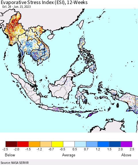 South East Asia Evaporative Stress Index (ESI), 12-Weeks Thematic Map For 1/9/2023 - 1/15/2023