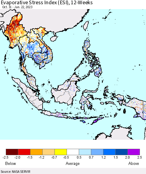 South East Asia Evaporative Stress Index (ESI), 12-Weeks Thematic Map For 1/16/2023 - 1/22/2023