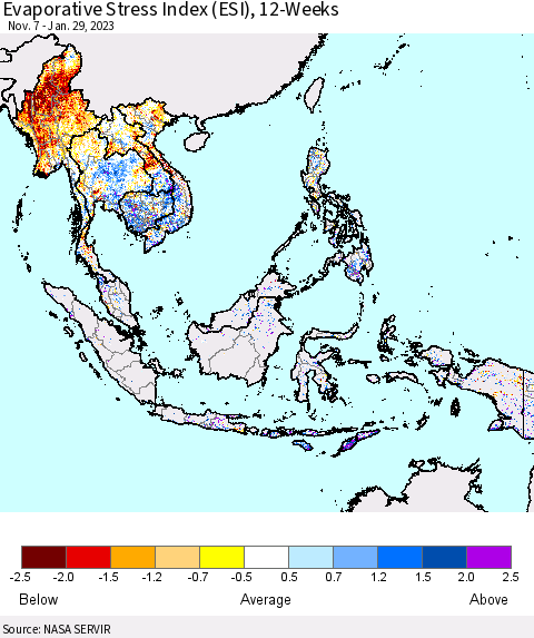 South East Asia Evaporative Stress Index (ESI), 12-Weeks Thematic Map For 1/23/2023 - 1/29/2023