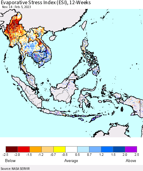South East Asia Evaporative Stress Index (ESI), 12-Weeks Thematic Map For 1/30/2023 - 2/5/2023