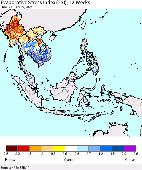 South East Asia Evaporative Stress Index (ESI), 12-Weeks Thematic Map For 2/13/2023 - 2/19/2023