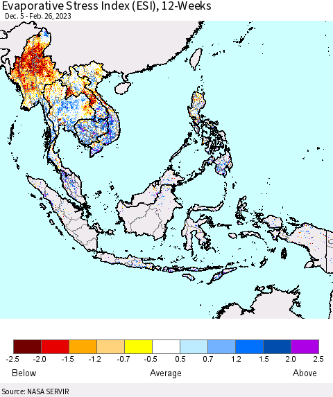 South East Asia Evaporative Stress Index (ESI), 12-Weeks Thematic Map For 2/20/2023 - 2/26/2023