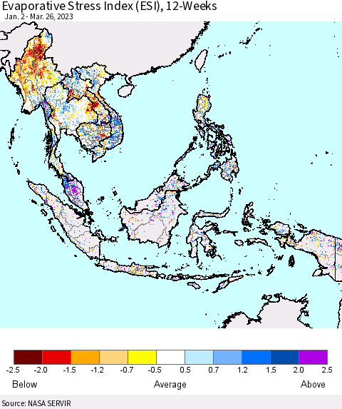 South East Asia Evaporative Stress Index (ESI), 12-Weeks Thematic Map For 3/20/2023 - 3/26/2023
