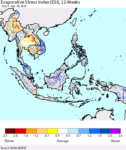 South East Asia Evaporative Stress Index (ESI), 12-Weeks Thematic Map For 4/24/2023 - 4/30/2023