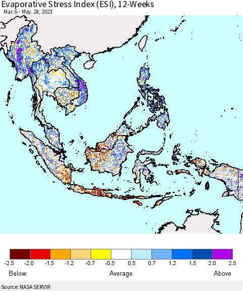 South East Asia Evaporative Stress Index (ESI), 12-Weeks Thematic Map For 5/22/2023 - 5/28/2023