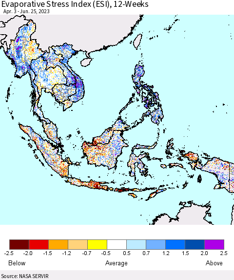 South East Asia Evaporative Stress Index (ESI), 12-Weeks Thematic Map For 6/19/2023 - 6/25/2023