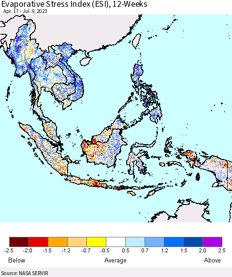 South East Asia Evaporative Stress Index (ESI), 12-Weeks Thematic Map For 7/3/2023 - 7/9/2023