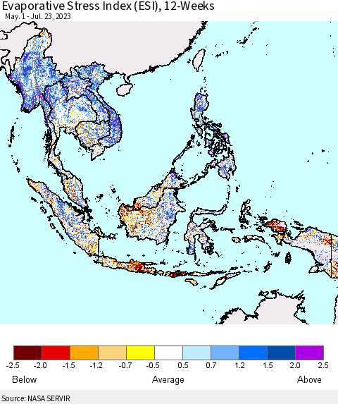 South East Asia Evaporative Stress Index (ESI), 12-Weeks Thematic Map For 7/17/2023 - 7/23/2023