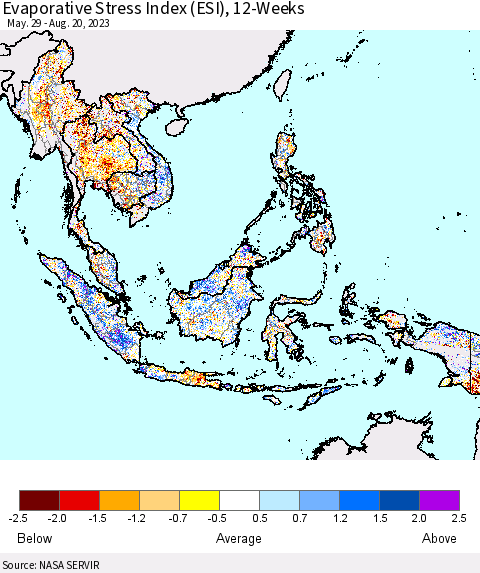 South East Asia Evaporative Stress Index (ESI), 12-Weeks Thematic Map For 8/14/2023 - 8/20/2023