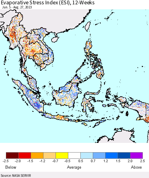 South East Asia Evaporative Stress Index (ESI), 12-Weeks Thematic Map For 8/21/2023 - 8/27/2023