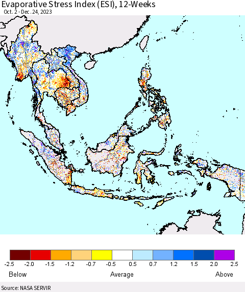 South East Asia Evaporative Stress Index (ESI), 12-Weeks Thematic Map For 12/18/2023 - 12/24/2023