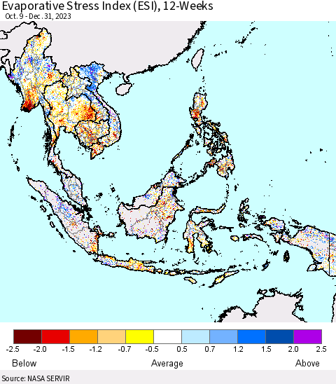 South East Asia Evaporative Stress Index (ESI), 12-Weeks Thematic Map For 1/1/2024 - 1/7/2024