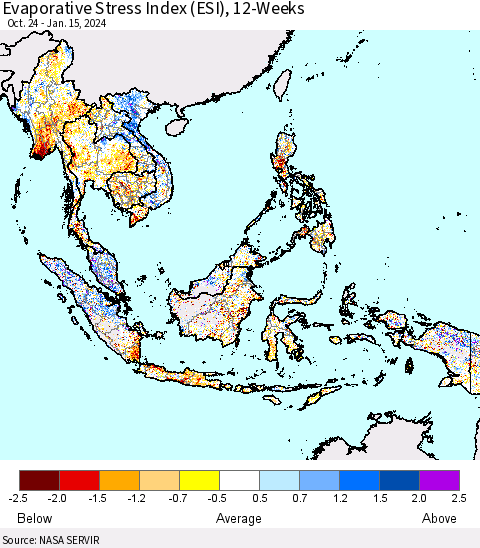 South East Asia Evaporative Stress Index (ESI), 12-Weeks Thematic Map For 1/15/2024 - 1/21/2024