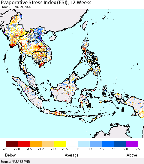 South East Asia Evaporative Stress Index (ESI), 12-Weeks Thematic Map For 1/29/2024 - 2/4/2024