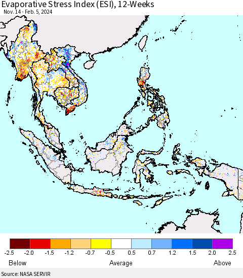 South East Asia Evaporative Stress Index (ESI), 12-Weeks Thematic Map For 2/5/2024 - 2/11/2024