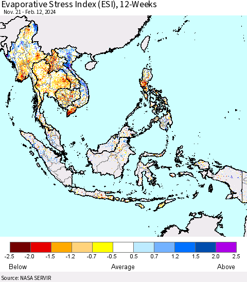 South East Asia Evaporative Stress Index (ESI), 12-Weeks Thematic Map For 2/12/2024 - 2/18/2024