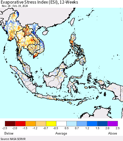 South East Asia Evaporative Stress Index (ESI), 12-Weeks Thematic Map For 2/19/2024 - 2/25/2024