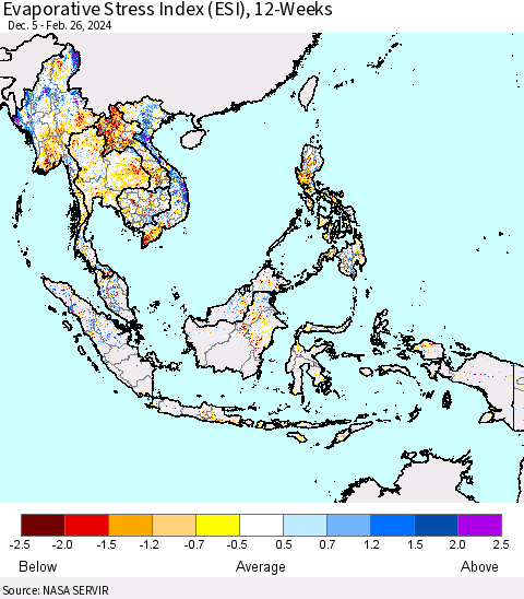 South East Asia Evaporative Stress Index (ESI), 12-Weeks Thematic Map For 2/26/2024 - 3/3/2024
