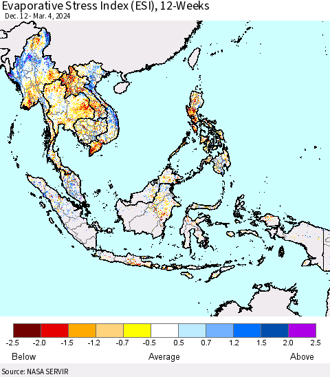 South East Asia Evaporative Stress Index (ESI), 12-Weeks Thematic Map For 3/4/2024 - 3/10/2024