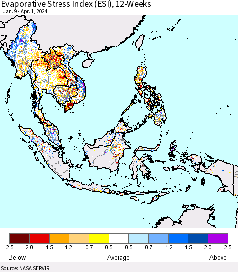 South East Asia Evaporative Stress Index (ESI), 12-Weeks Thematic Map For 4/1/2024 - 4/7/2024