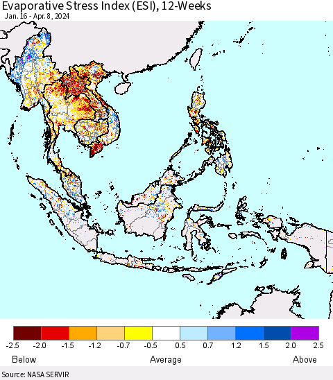 South East Asia Evaporative Stress Index (ESI), 12-Weeks Thematic Map For 4/8/2024 - 4/14/2024
