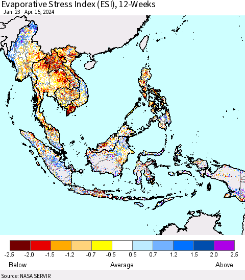 South East Asia Evaporative Stress Index (ESI), 12-Weeks Thematic Map For 4/15/2024 - 4/21/2024