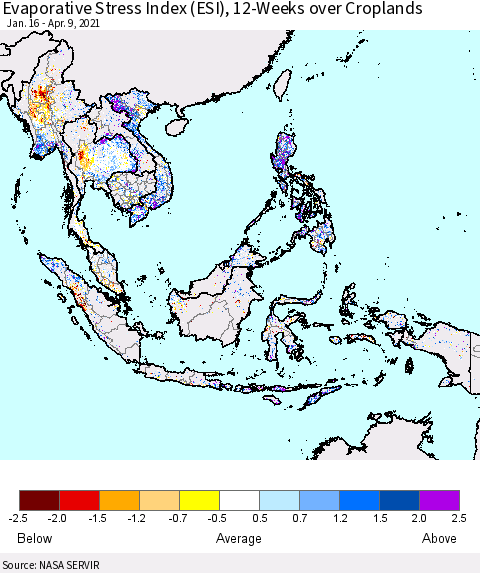South East Asia Evaporative Stress Index (ESI), 12-Weeks over Croplands Thematic Map For 4/5/2021 - 4/11/2021