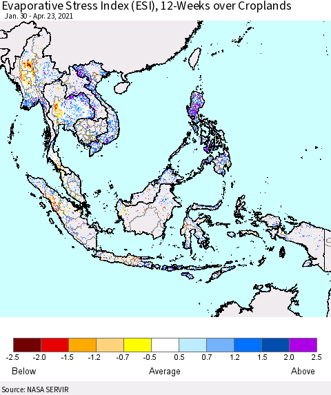 South East Asia Evaporative Stress Index (ESI), 12-Weeks over Croplands Thematic Map For 4/19/2021 - 4/25/2021