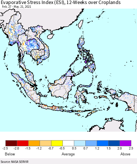 South East Asia Evaporative Stress Index (ESI), 12-Weeks over Croplands Thematic Map For 5/17/2021 - 5/23/2021