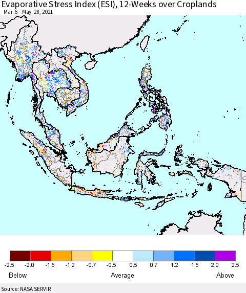 South East Asia Evaporative Stress Index (ESI), 12-Weeks over Croplands Thematic Map For 5/24/2021 - 5/30/2021
