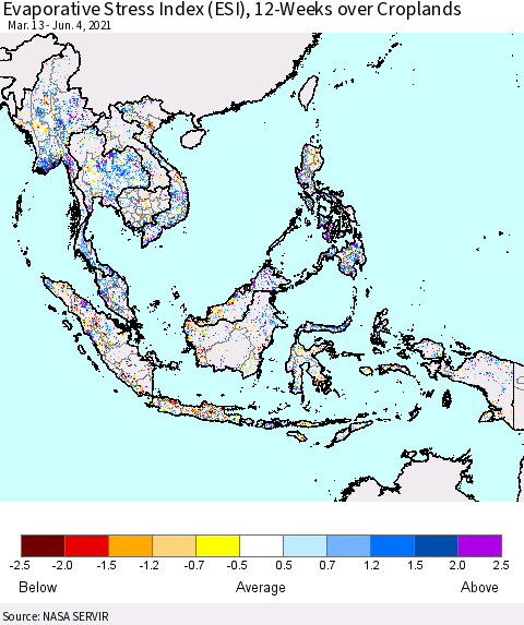 South East Asia Evaporative Stress Index (ESI), 12-Weeks over Croplands Thematic Map For 5/31/2021 - 6/6/2021
