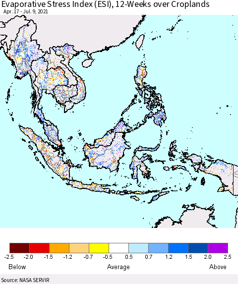 South East Asia Evaporative Stress Index (ESI), 12-Weeks over Croplands Thematic Map For 7/5/2021 - 7/11/2021