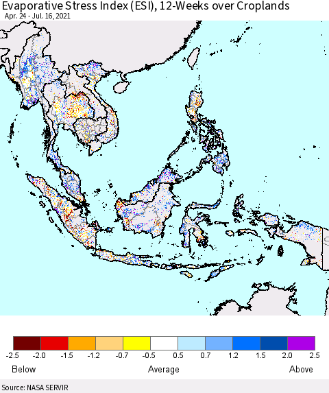 South East Asia Evaporative Stress Index (ESI), 12-Weeks over Croplands Thematic Map For 7/12/2021 - 7/18/2021