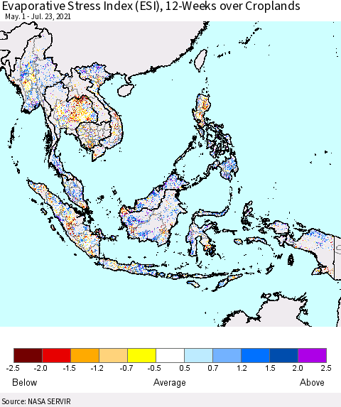 South East Asia Evaporative Stress Index (ESI), 12-Weeks over Croplands Thematic Map For 7/19/2021 - 7/25/2021