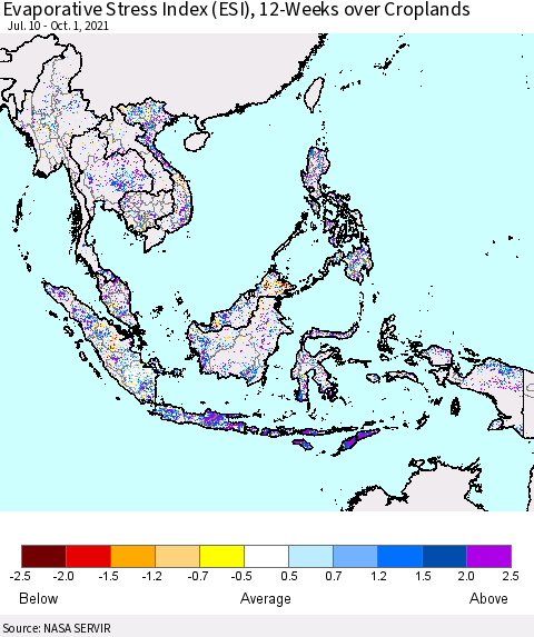 South East Asia Evaporative Stress Index (ESI), 12-Weeks over Croplands Thematic Map For 9/27/2021 - 10/3/2021