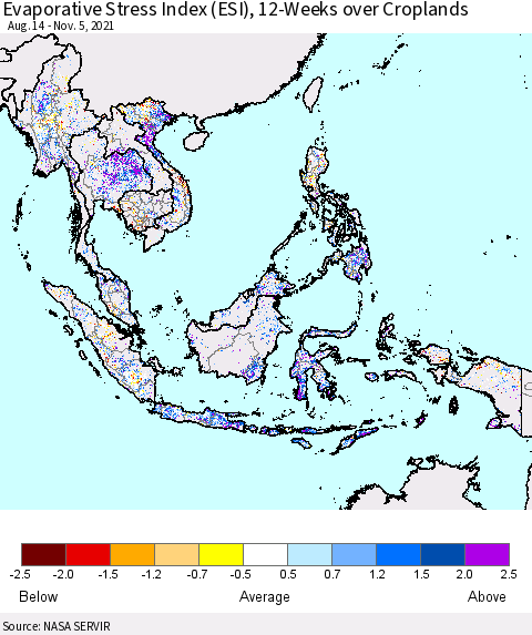 South East Asia Evaporative Stress Index (ESI), 12-Weeks over Croplands Thematic Map For 11/1/2021 - 11/7/2021