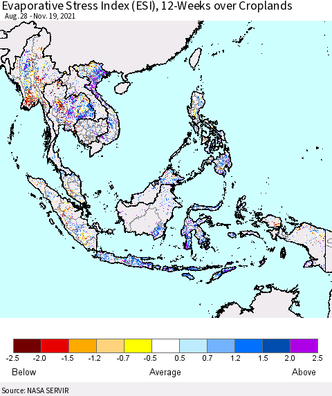South East Asia Evaporative Stress Index (ESI), 12-Weeks over Croplands Thematic Map For 11/15/2021 - 11/21/2021