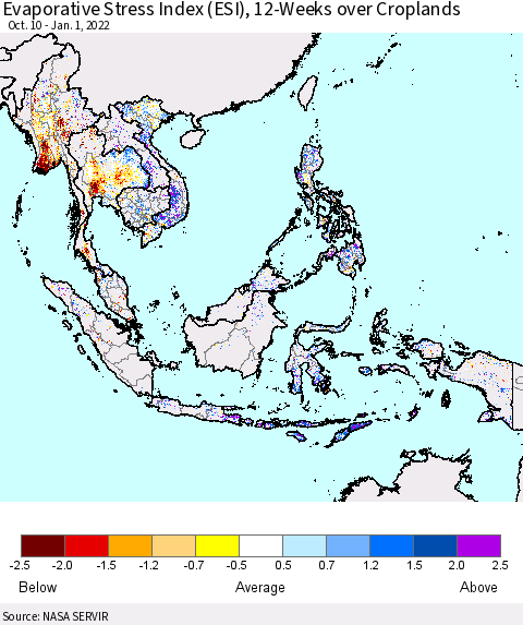 South East Asia Evaporative Stress Index (ESI), 12-Weeks over Croplands Thematic Map For 12/27/2021 - 1/2/2022