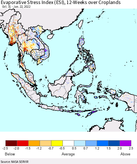 South East Asia Evaporative Stress Index (ESI), 12-Weeks over Croplands Thematic Map For 1/17/2022 - 1/23/2022
